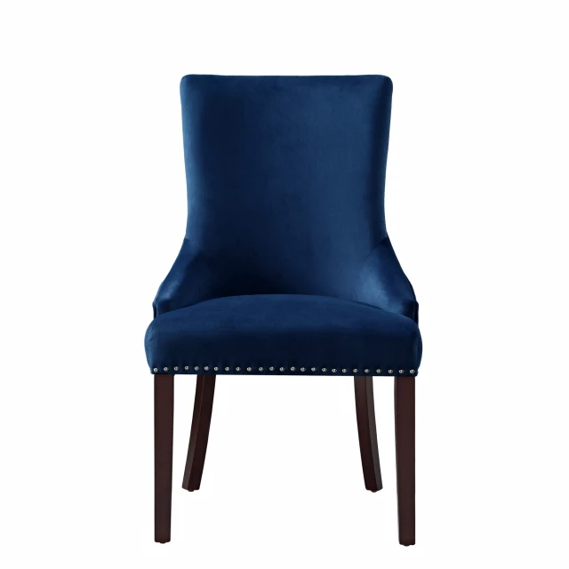 Espresso upholstered velvet dining side chairs with wood legs and electric blue accent