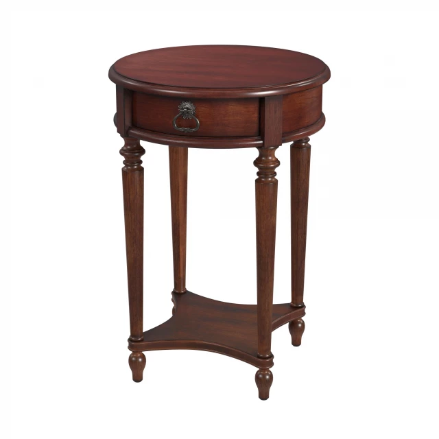 Round wooden end table with drawer and shelf furniture detail