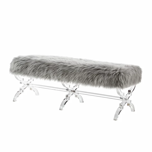 Gray clear upholstered faux fur bench with metal legs and oval shape outdoor furniture aesthetic