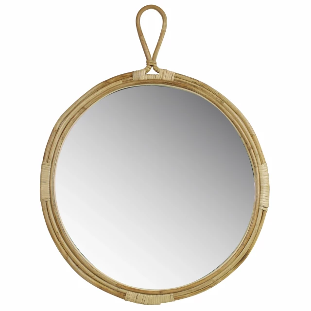 Round bamboo wall mirror with amber and gold accents for home decor