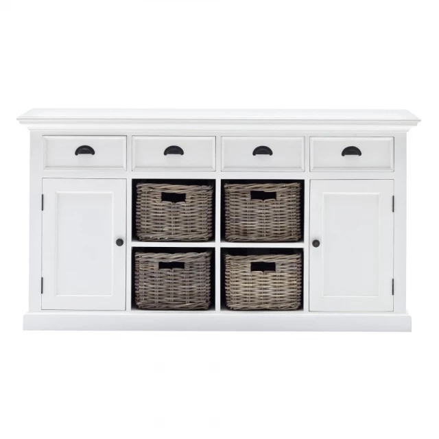 Modern farmhouse white buffet baskets in home setting with kitchen appliances