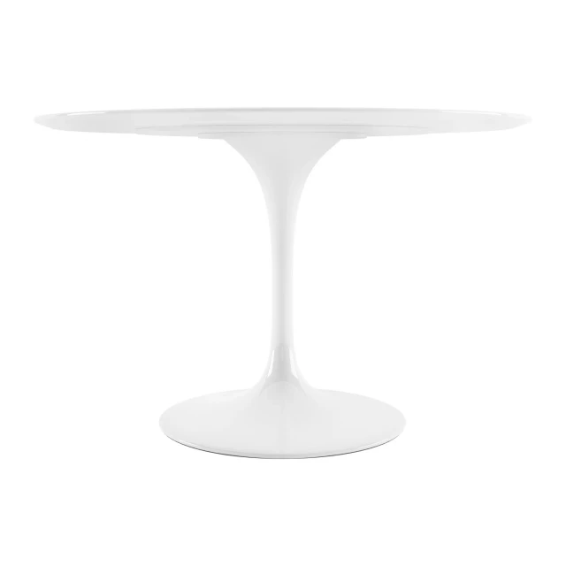 White fiberglass metal dining table with art chair and glass drinkware