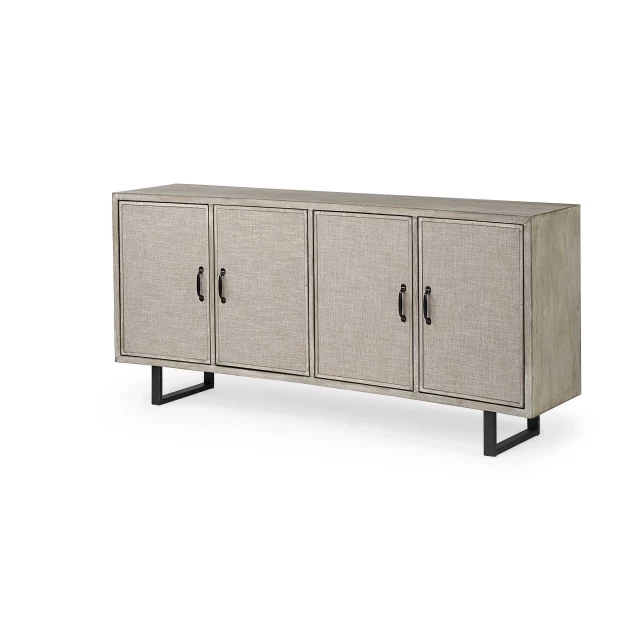 Wood sideboard with fabric covered cabinet doors and wooden handles
