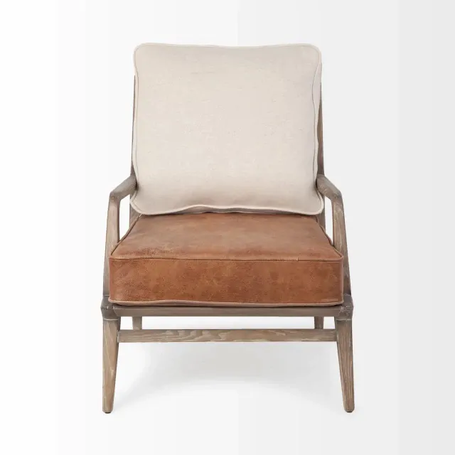 Brown Leather Seat Accent Chair With Off White Fabric Brown Leather Seat Accent Chair With Off White Fabric