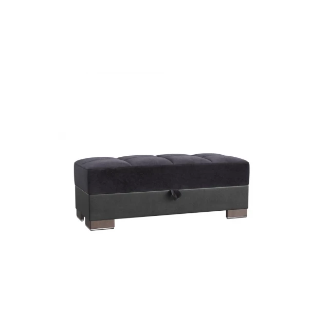 Microfiber faux leather tufted storage ottoman in magenta with wood and metal accents
