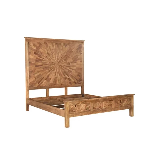 Solid wood king-sized bed with brown sunburst design for bedroom decor