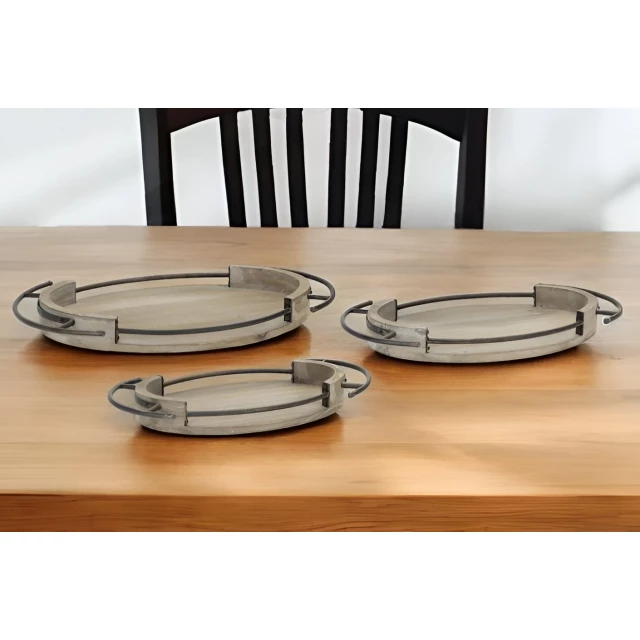 oval wood metal serving trays with handles on wooden table