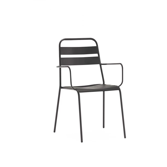 Gray stackable aluminum arm chairs with armrests for outdoor comfort