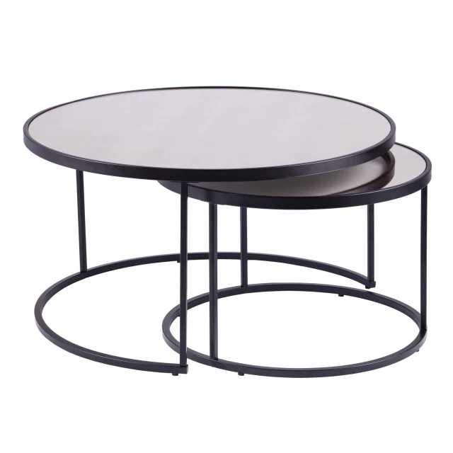 Silver mirrored round nested coffee table with circle and rectangle design elements