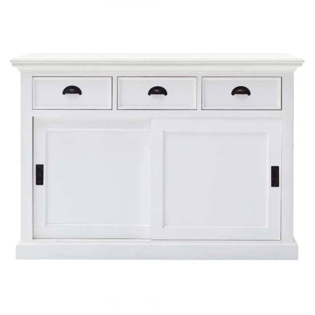 Farmhouse white buffet server with sliding doors and cabinetry handles