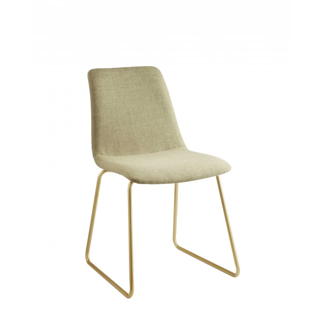 Light green fabric chair with gold accents and wooden armrests for comfortable seating