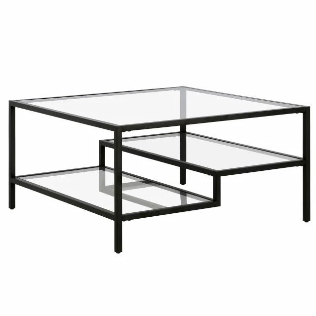 Glass steel square coffee table with shelves and symmetrical design