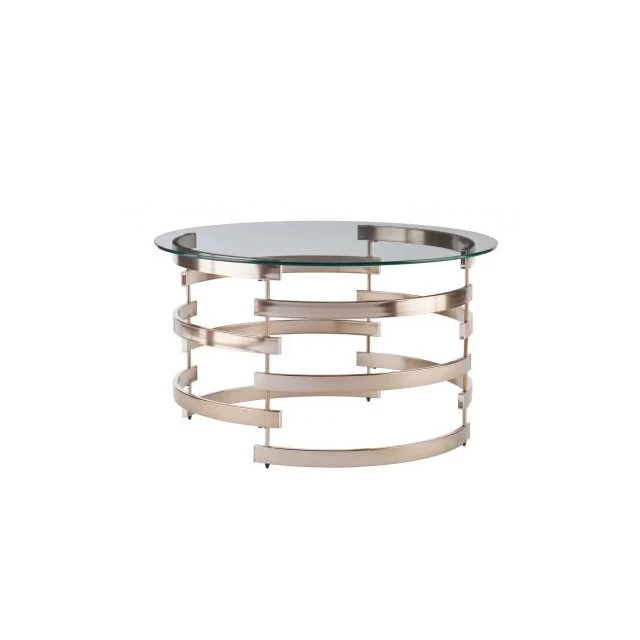 Champagne glass metal round coffee table with wooden shelving on a ceiling background