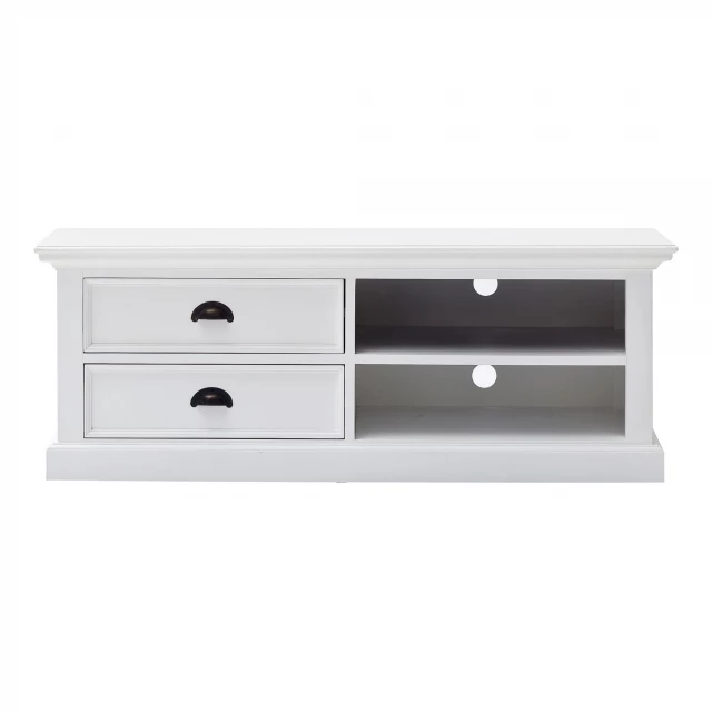 classic white entertainment unit with drawers and minimalist handles