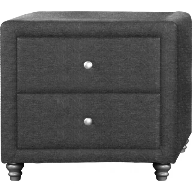Grey upholstered drawer nightstand with wood finish and modern design
