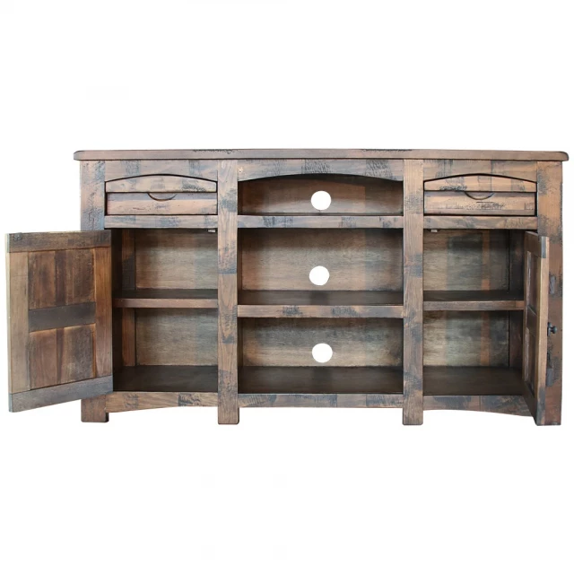 Distressed TV stand with enclosed cabinet storage and shelving