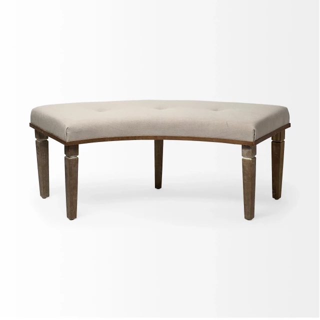 Beige brown upholstered polyester blend bench with hardwood legs and wood stain finish