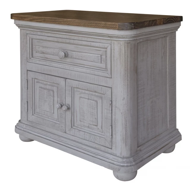 Gray drawer nightstand with wood stain and hardwood finish in a rectangle shape