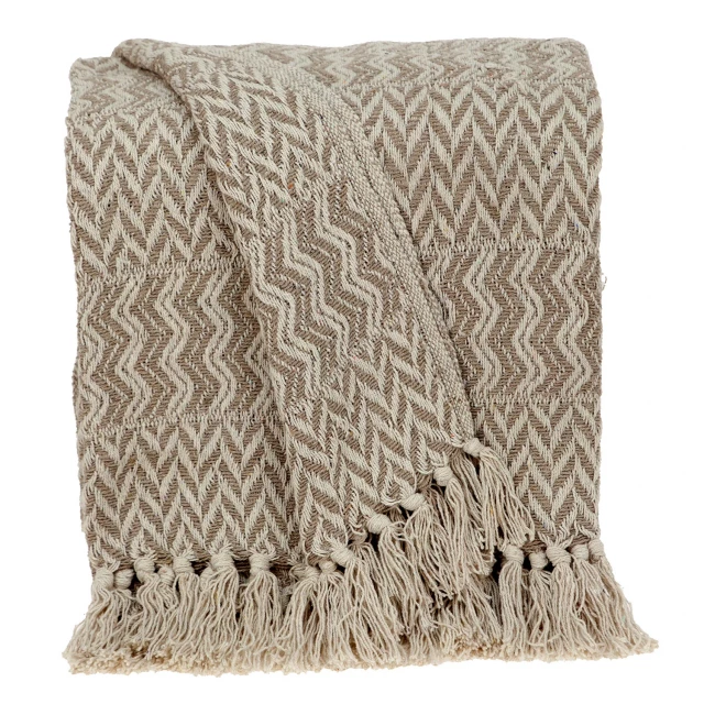 Beige herringbone handloom throw image highlighting its woolen pattern