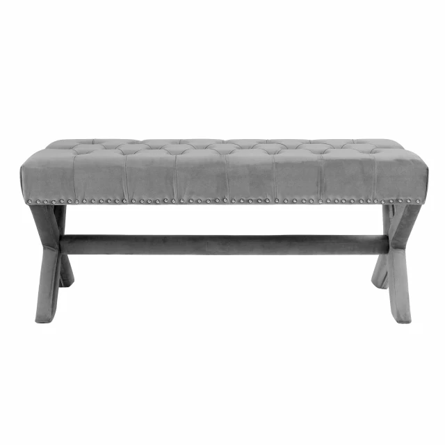 Gray upholstered velvet bench with armrests for comfortable outdoor seating