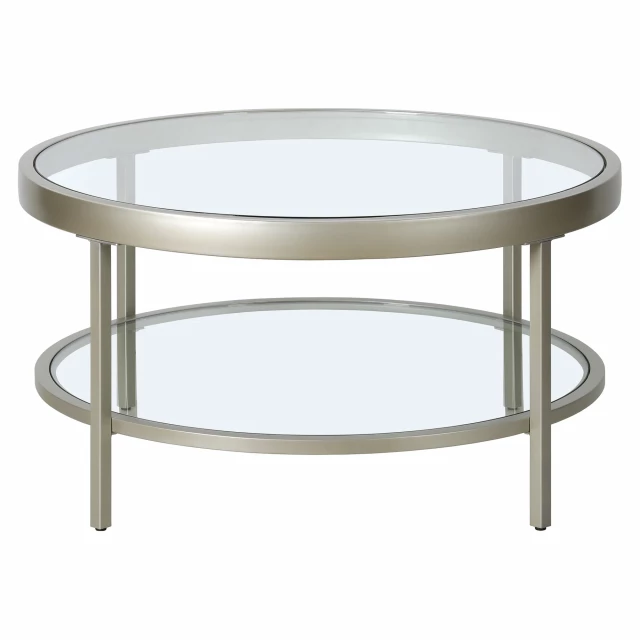 Modern glass and steel round coffee table with lower shelf for living room