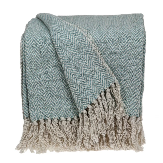 Pale aqua cotton throw blanket with tassels featuring grey woolen pattern in creative arts style