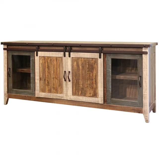 Distressed TV stand with enclosed cabinet storage and hardwood finish