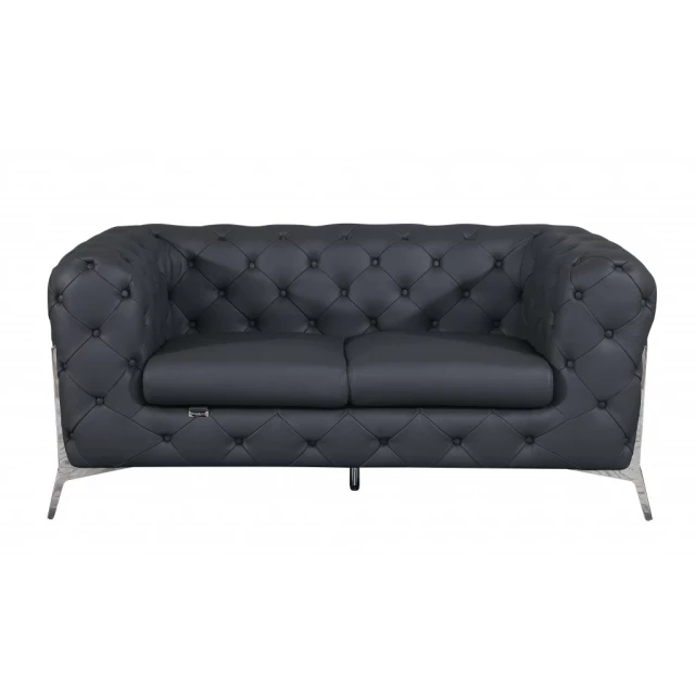 Gray silver Italian leather loveseat with comfortable cushioning and modern design