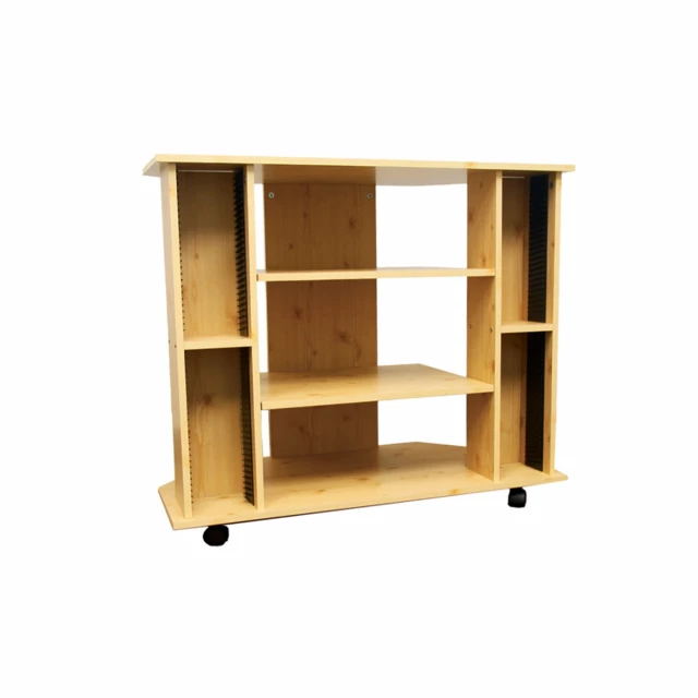 Wood brown open shelving TV stand in furniture and cabinetry style with shelves and rectangular design