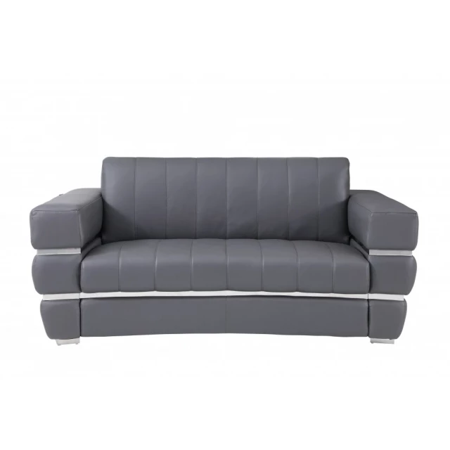 Gray silver Italian leather loveseat with comfortable studio couch design and modern outdoor furniture style