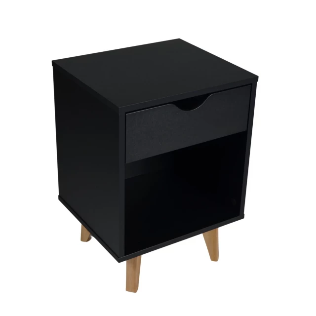 Black drawer nightstand with sleek metal handles and modern design