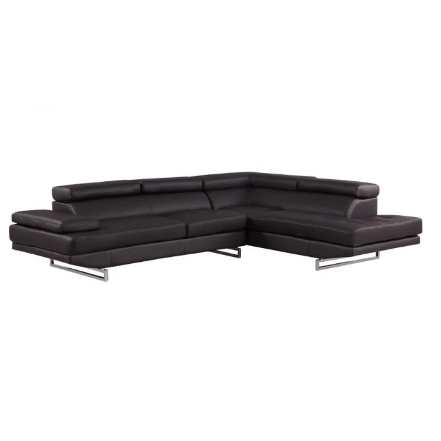 Brown leather L-shaped corner sectional couch with comfortable cushions and wooden legs