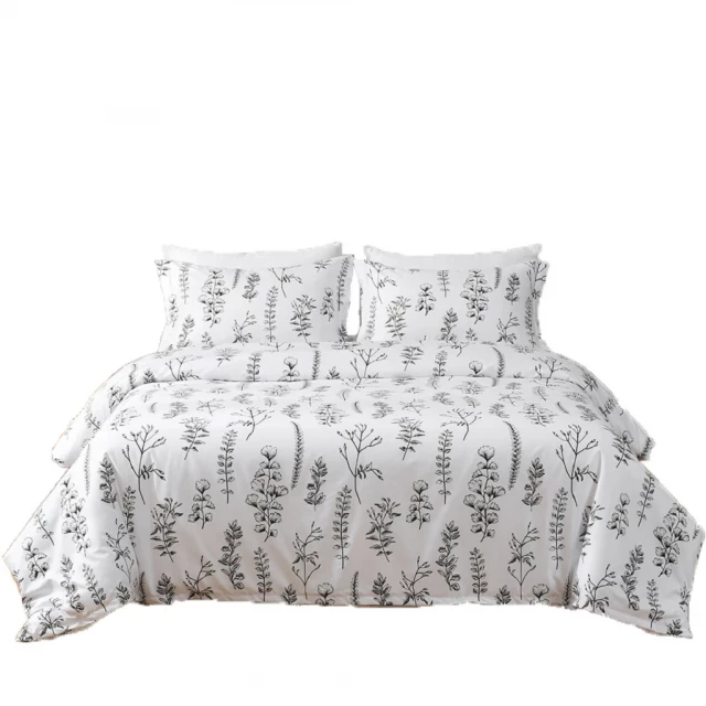 Grey machine washable duvet cover with pillow and plant design