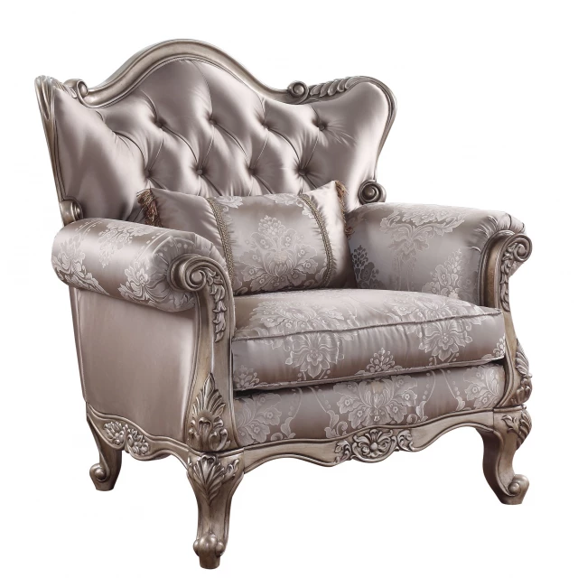 Champagne fabric floral tufted arm chair with comfortable rectangle armrests and elegant design
