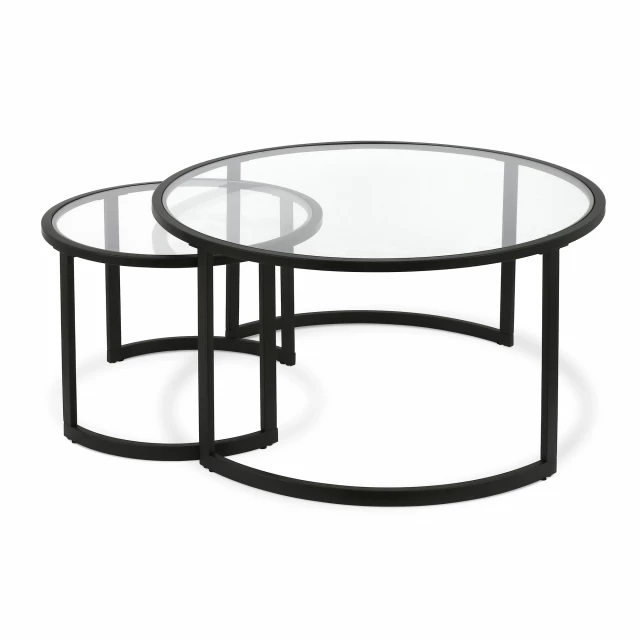 Set of glass and steel round nested coffee tables for modern home decor