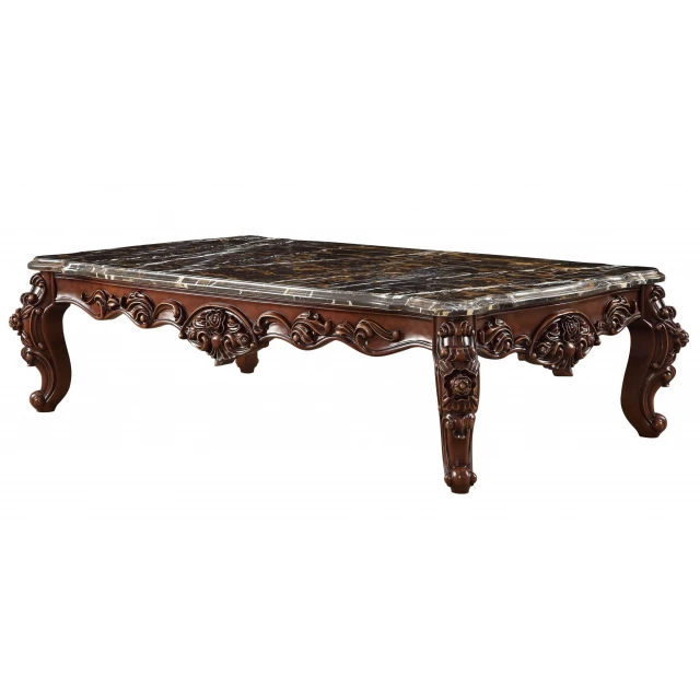 Merlot genuine marble rectangular coffee table with wood stain finish