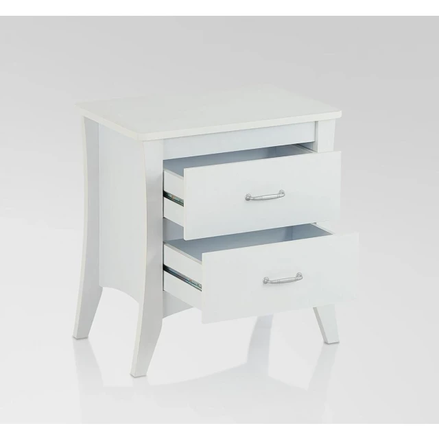White drawers nightstand with wood finish and multiple storage compartments