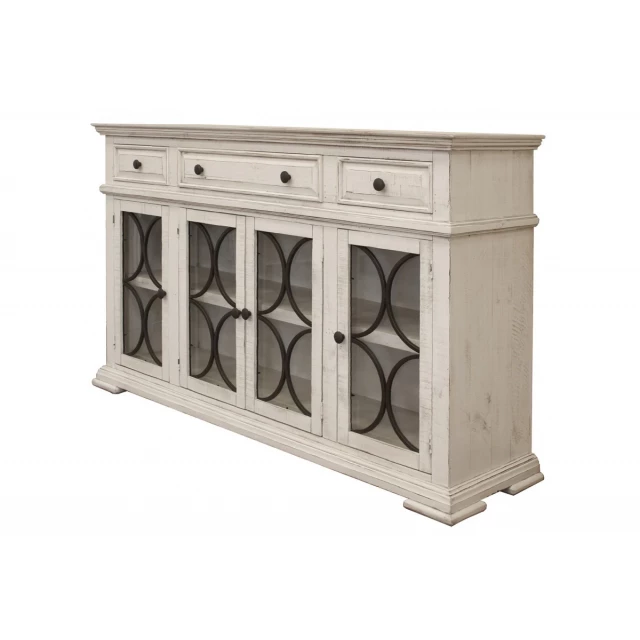 Ivory solid manufactured wood distressed credenza with hardwood cabinetry and natural material facade