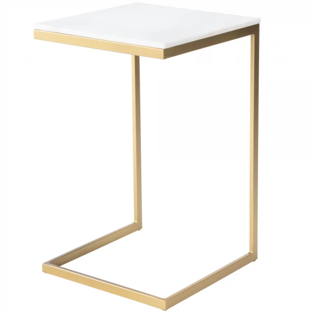 Marble square C-shape end table with hardwood pedestal and wood stain finish