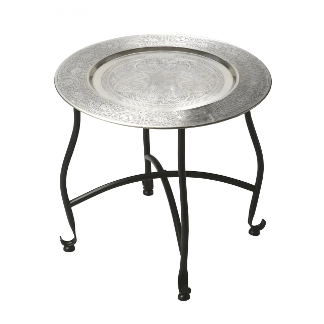 Black silver aluminum round end table suitable for outdoor and indoor use with a modern design