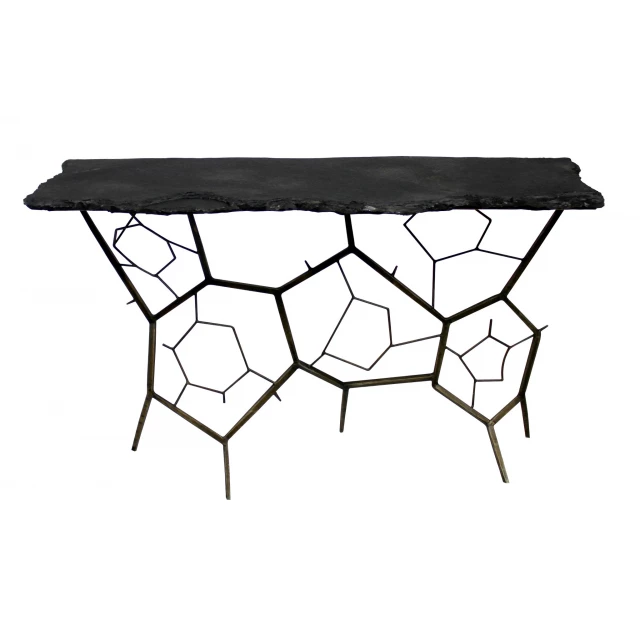 black stone abstract console table with triangle pattern and symmetrical creative arts design