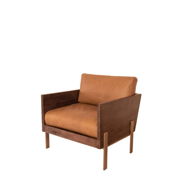 Brown grain leather gold arm chair with wood armrests and hardwood details
