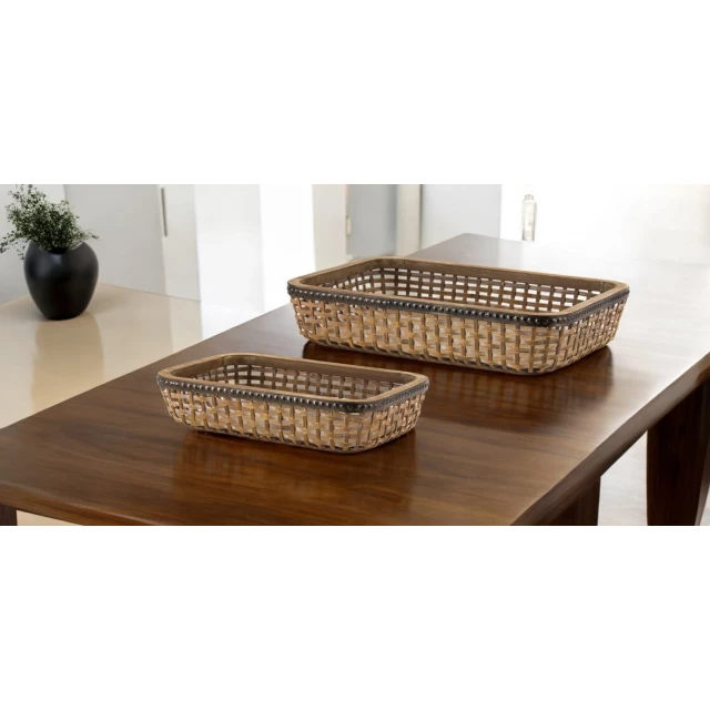 brown solid wood serving tray rectangular hardwood with metal accents