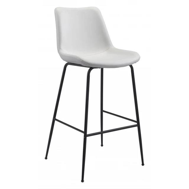 Low back bar height chair in white with metal accents and electric blue pattern