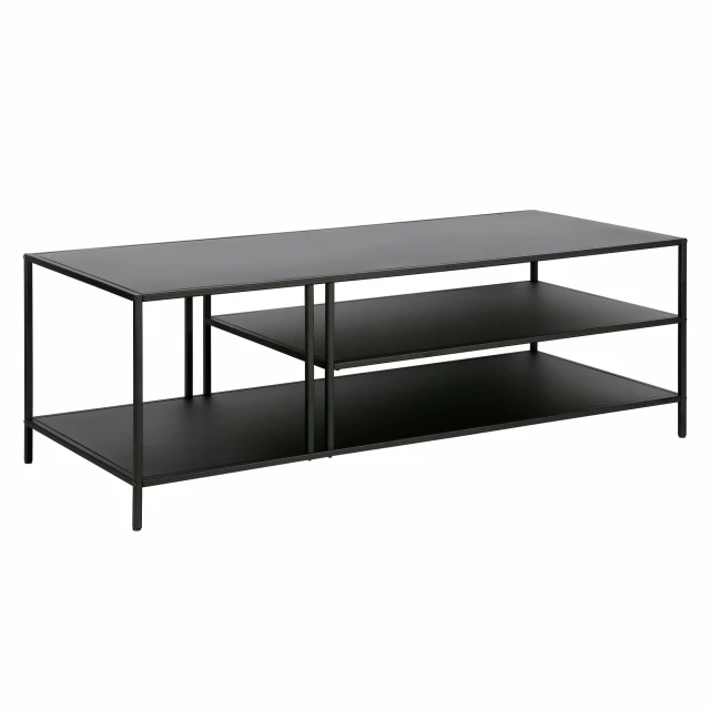 Black steel coffee table with wood shelves for outdoor and indoor decor