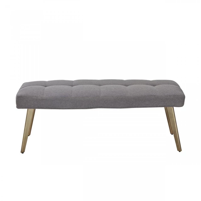 Brass upholstered linen blend dining bench with metal legs and comfortable leather seating