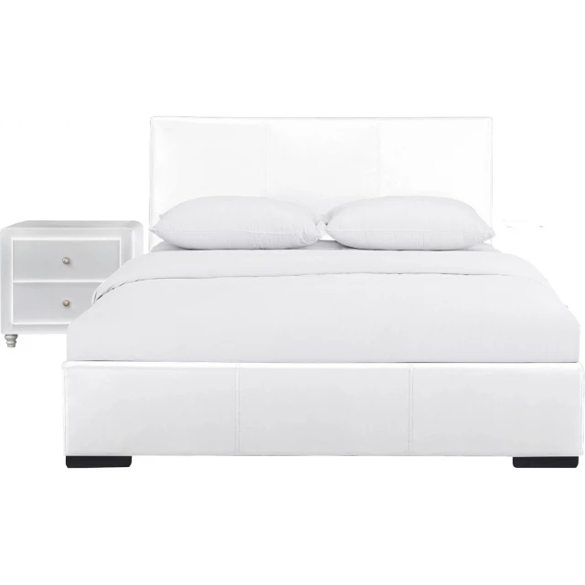 White wood standard bed with upholstered headboard for modern bedroom decor