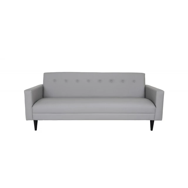 Gray faux leather sofa with comfortable rectangle studio couch design and wooden accents