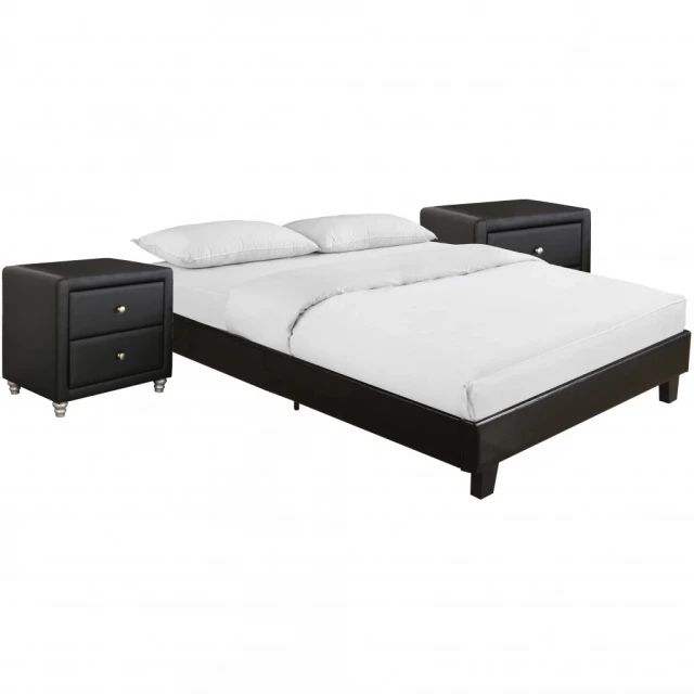 Black platform king bed with integrated nightstands for modern bedroom decor