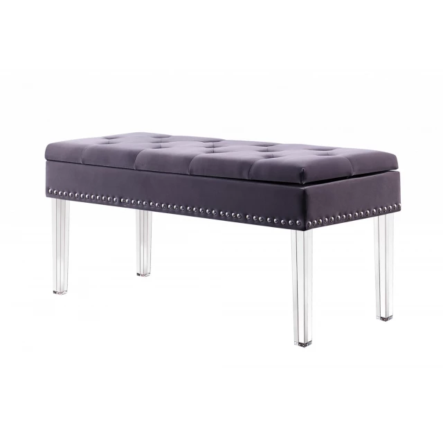 Gray upholstered velvet entryway bench with flip-top storage